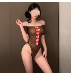 FEE ET MOI - Butterfly Hollow American Style Rhinestone Mesh Bodysuit (Coffee Color)